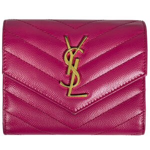 Yves Saint Laurent logo trifold leather wallet, pink, for women.